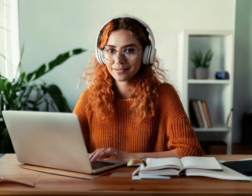 Estudiante tomando una clase online con auriculares puestos